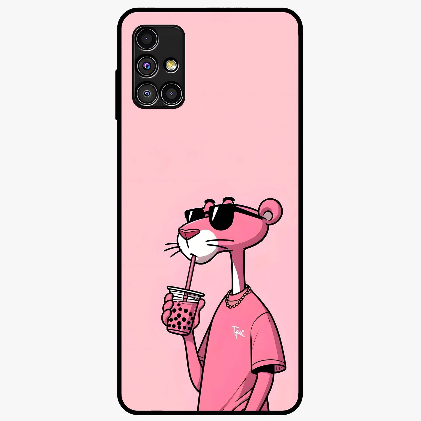 Pink Panther Glass Case showing flat back view with iconic pink panther artwork and glossy glass finish.