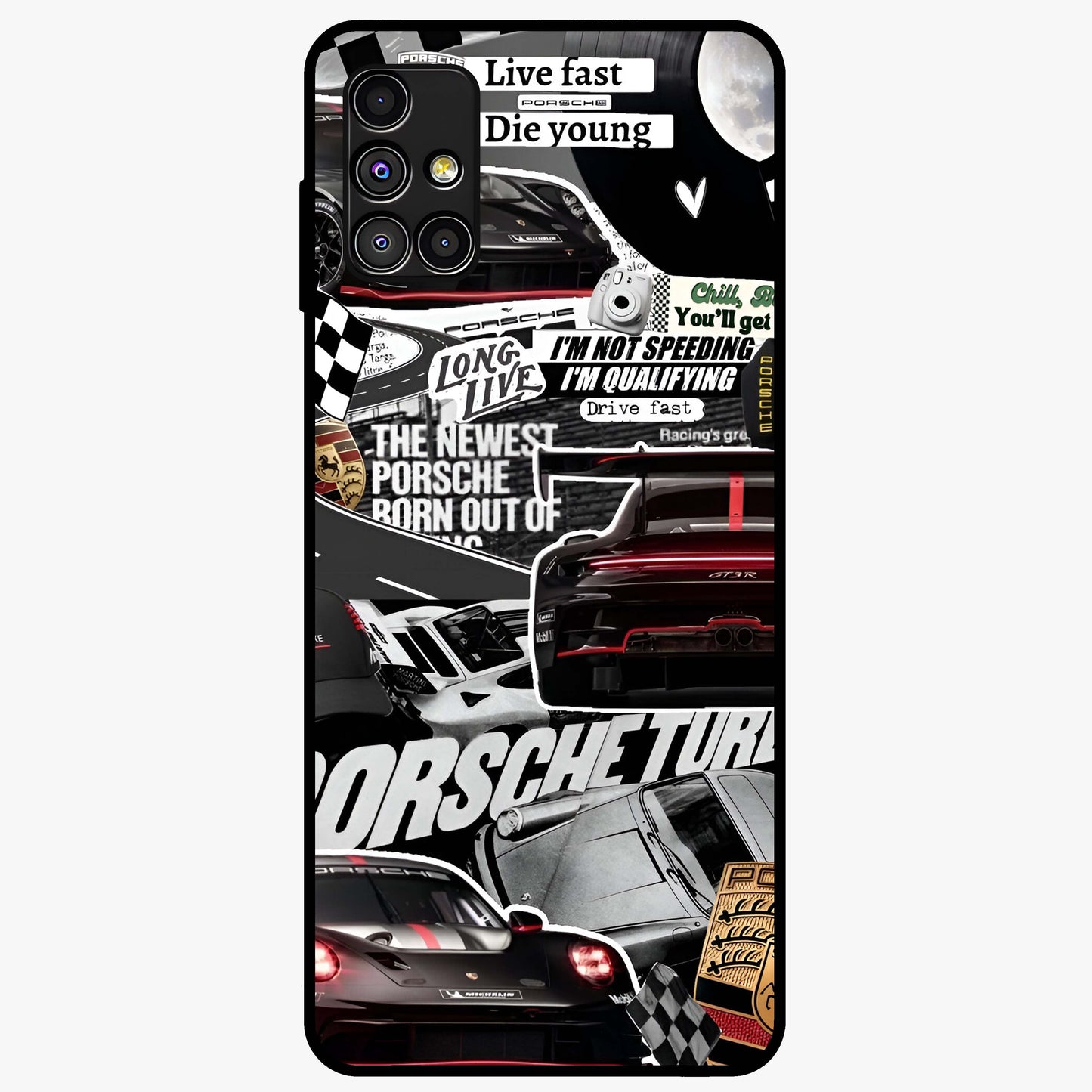 Porsche Racing Collage Glass Case showing flat back view with sports car racing collage artwork and glossy glass finish.