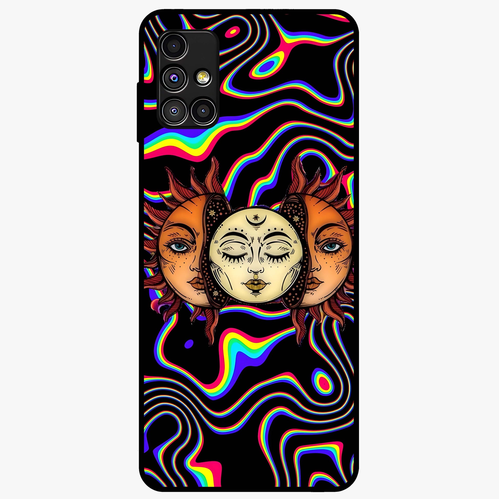 Psychedelic Sun Glass Case showing flat back view with colorful psychedelic sun artwork and glossy glass finish.