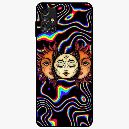 Psychedelic Sun Glass Case showing flat back view with colorful psychedelic sun artwork and glossy glass finish.
