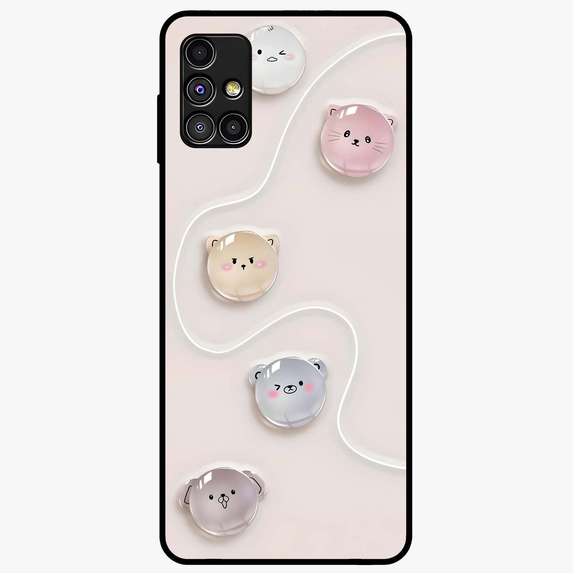 Puffy Face Parade Glass Case showing flat back view with cute puffy character faces artwork and glossy glass finish.