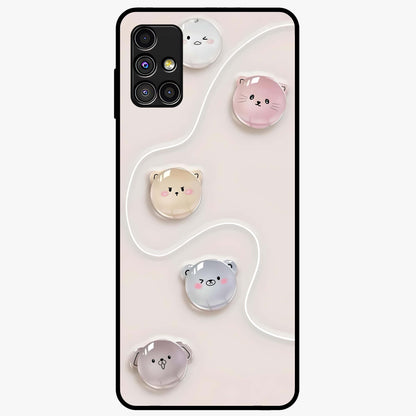 Puffy Face Parade Glass Case showing flat back view with cute puffy character faces artwork and glossy glass finish.