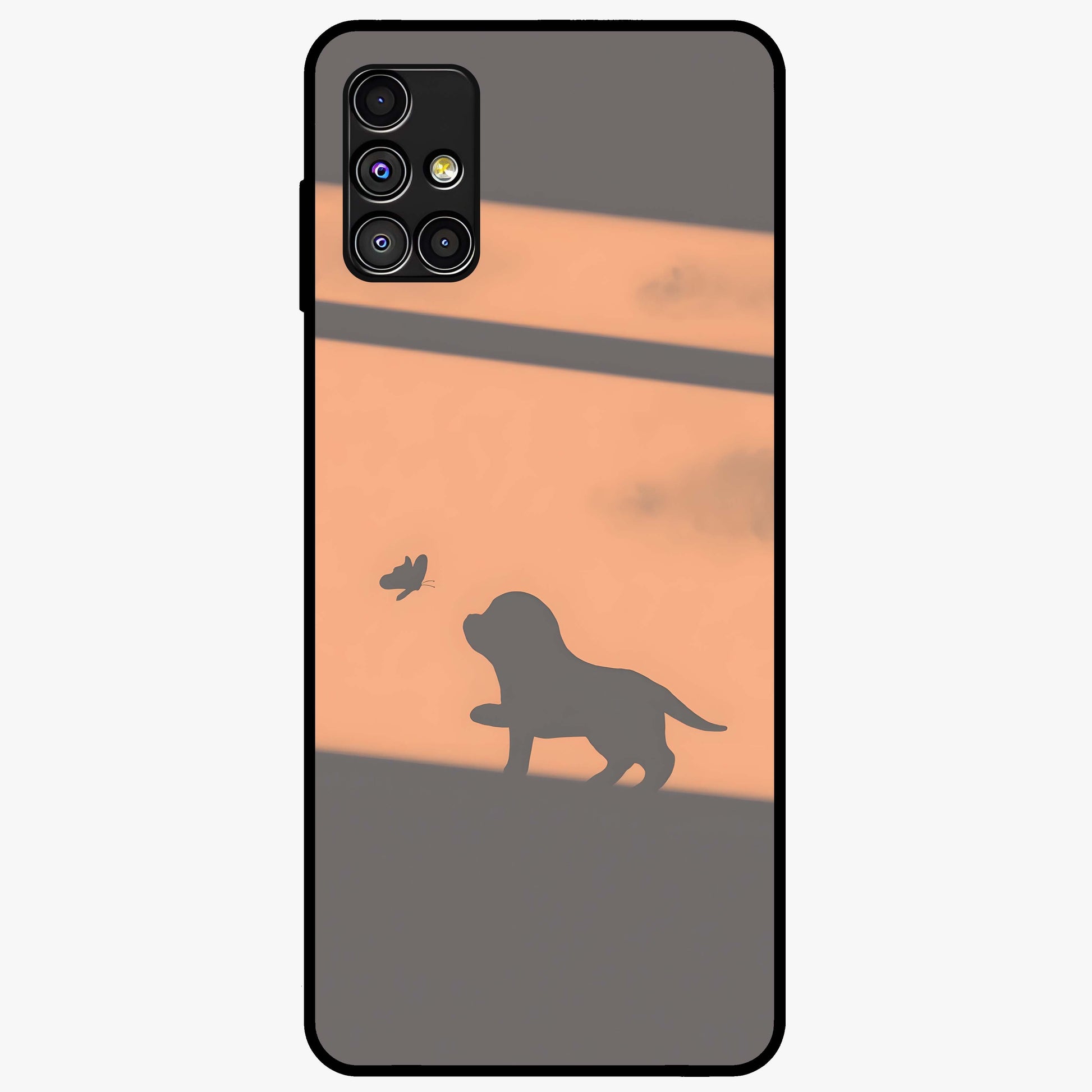 Puppy Shadow Art Glass Case showing flat back view with cute puppy shadow style artwork and glossy glass finish.