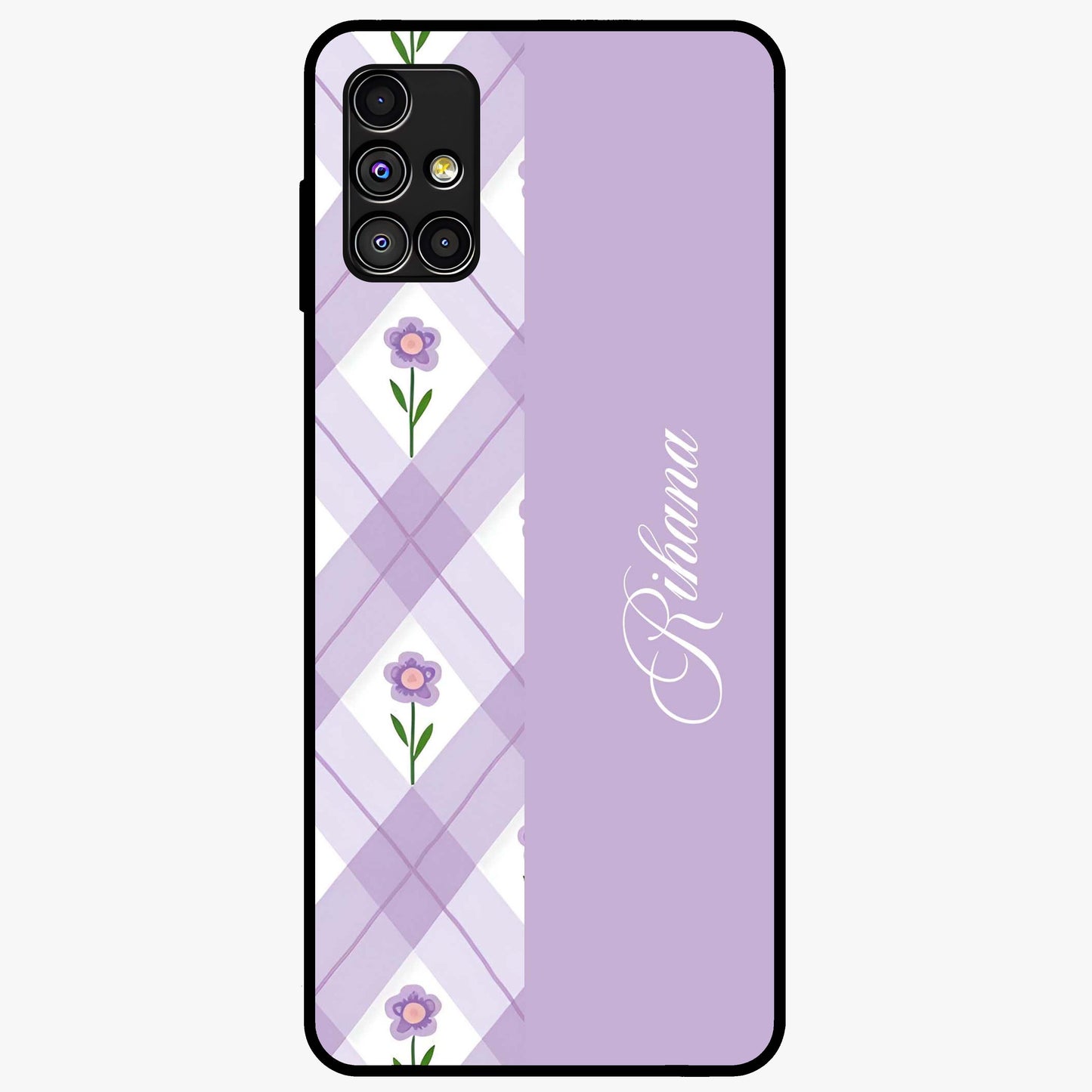 Purple Diamond Floral Glass Case showing flat back view with diamond shaped floral artwork and glossy glass finish.