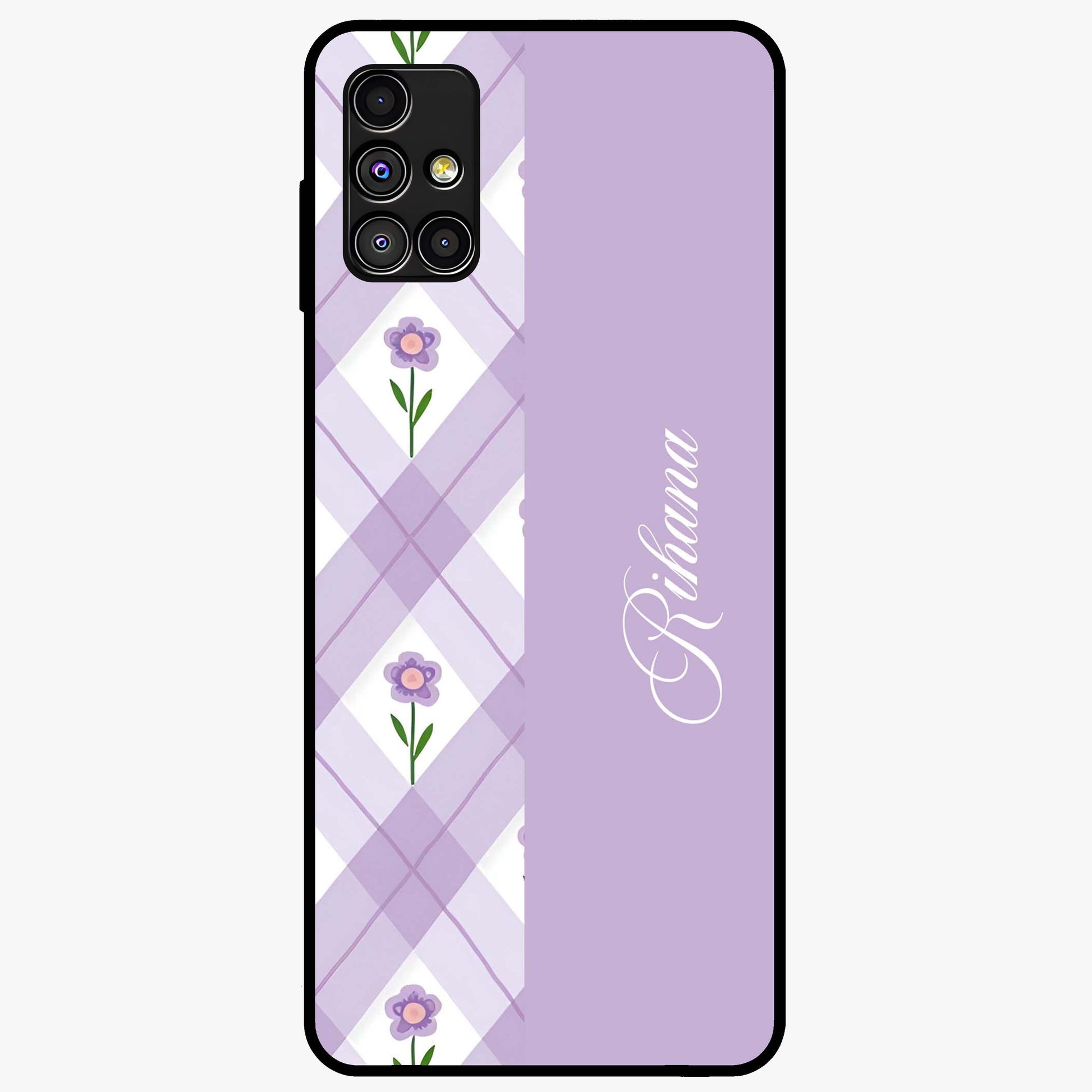 Purple Diamond Floral Glass Case showing flat back view with diamond shaped floral artwork and glossy glass finish.