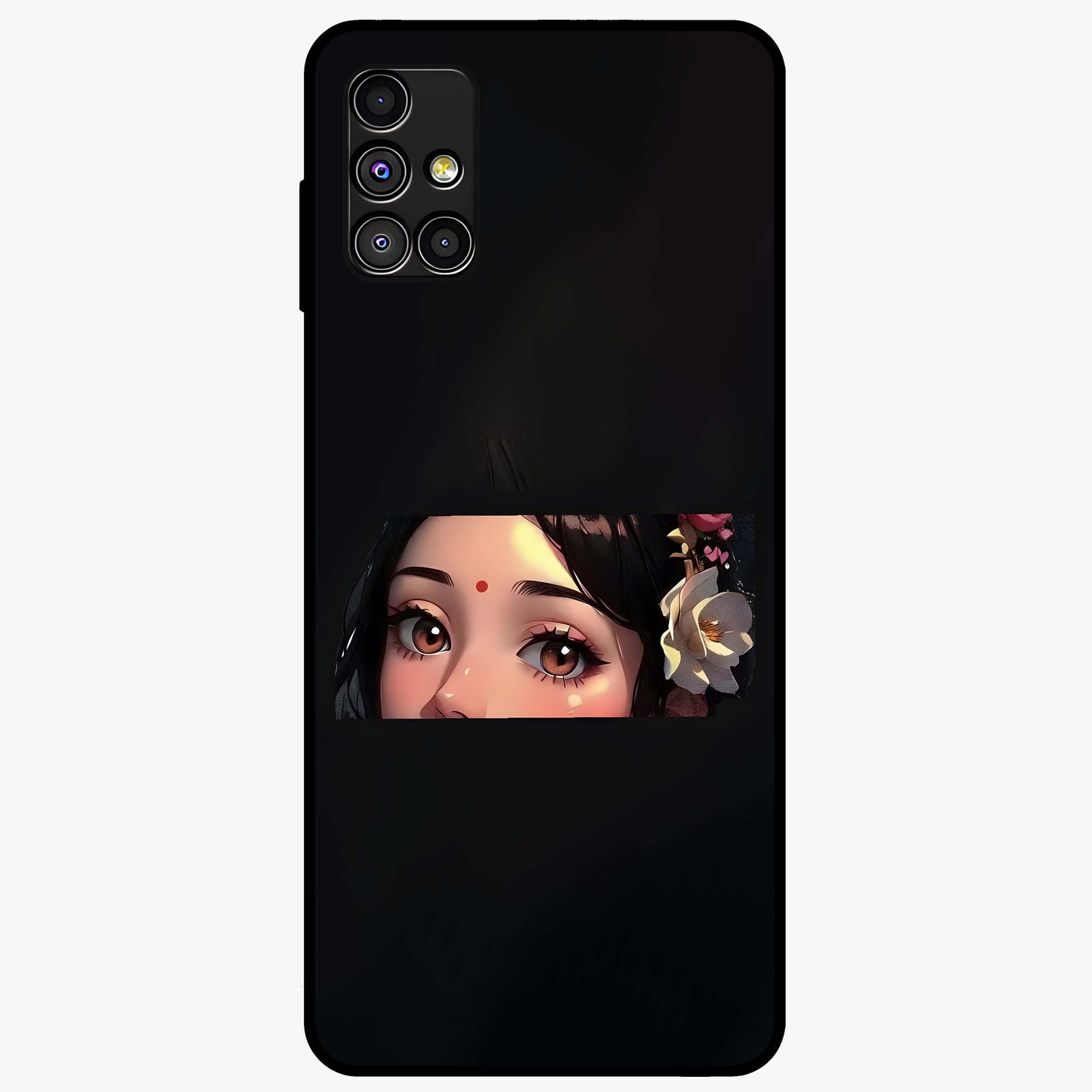 Radha Divine Embrace Glass Case showing flat back view with devotional Radha artwork and glossy glass finish.
