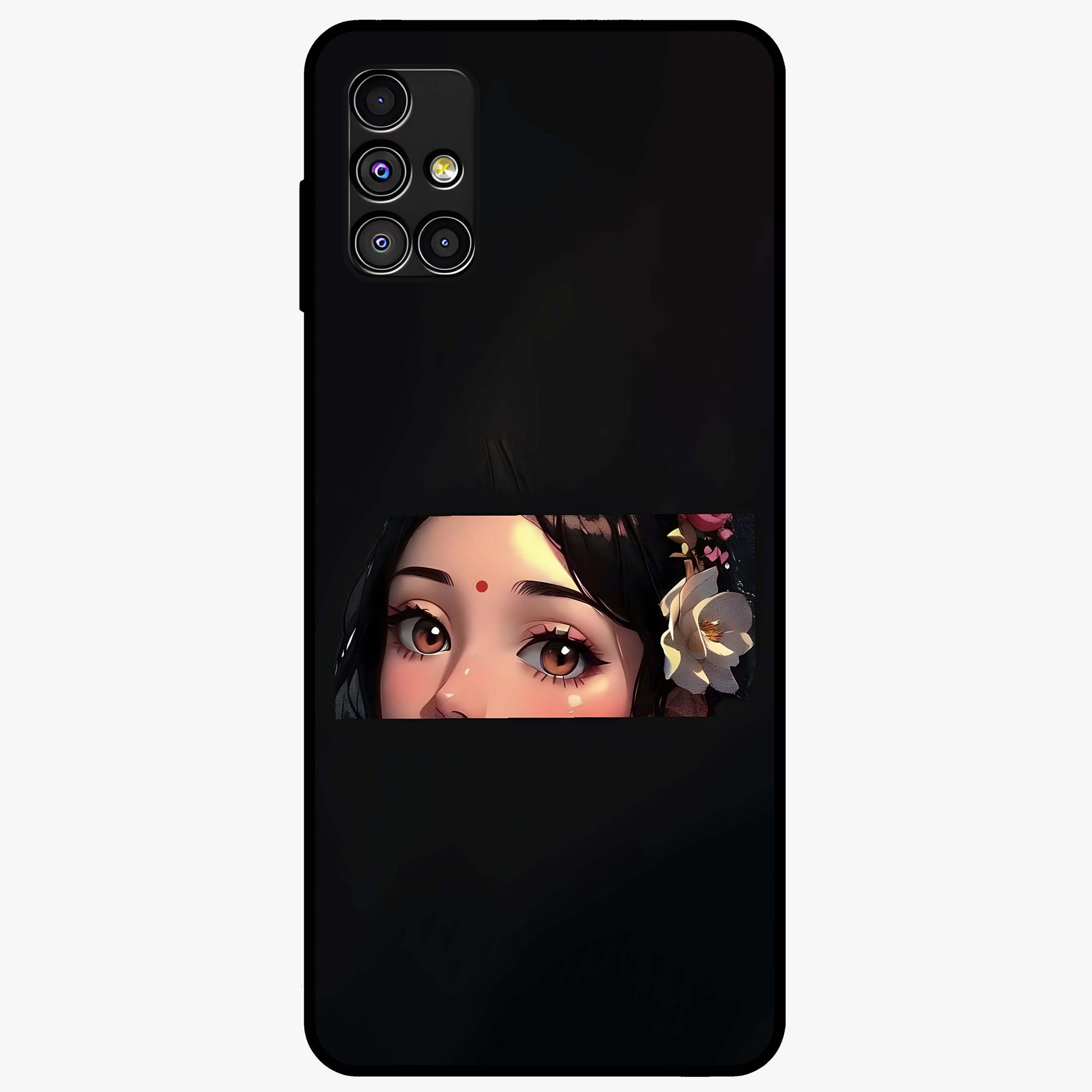 Radha Divine Embrace Glass Case showing flat back view with devotional Radha artwork and glossy glass finish.
