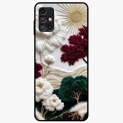 Radiant Bloom Elegance Glass Case showing flat back view with elegant blooming flower artwork and glossy glass finish.