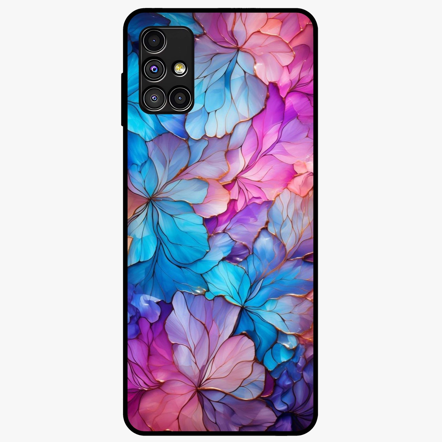 Radiant Floral Whirl Glass Case showing flat back view with swirling floral artwork and glossy glass finish.
