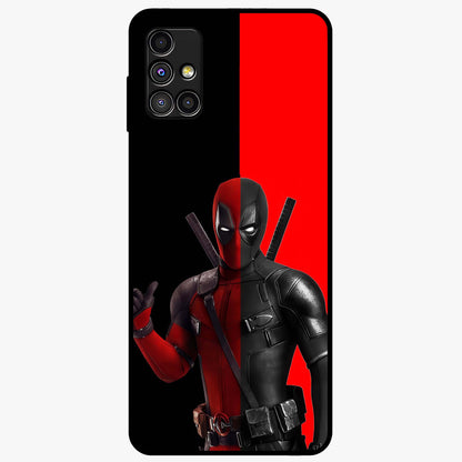 Red & Black Deadpool Theme Glass Case showing flat back view with bold comic inspired artwork and glossy glass finish.