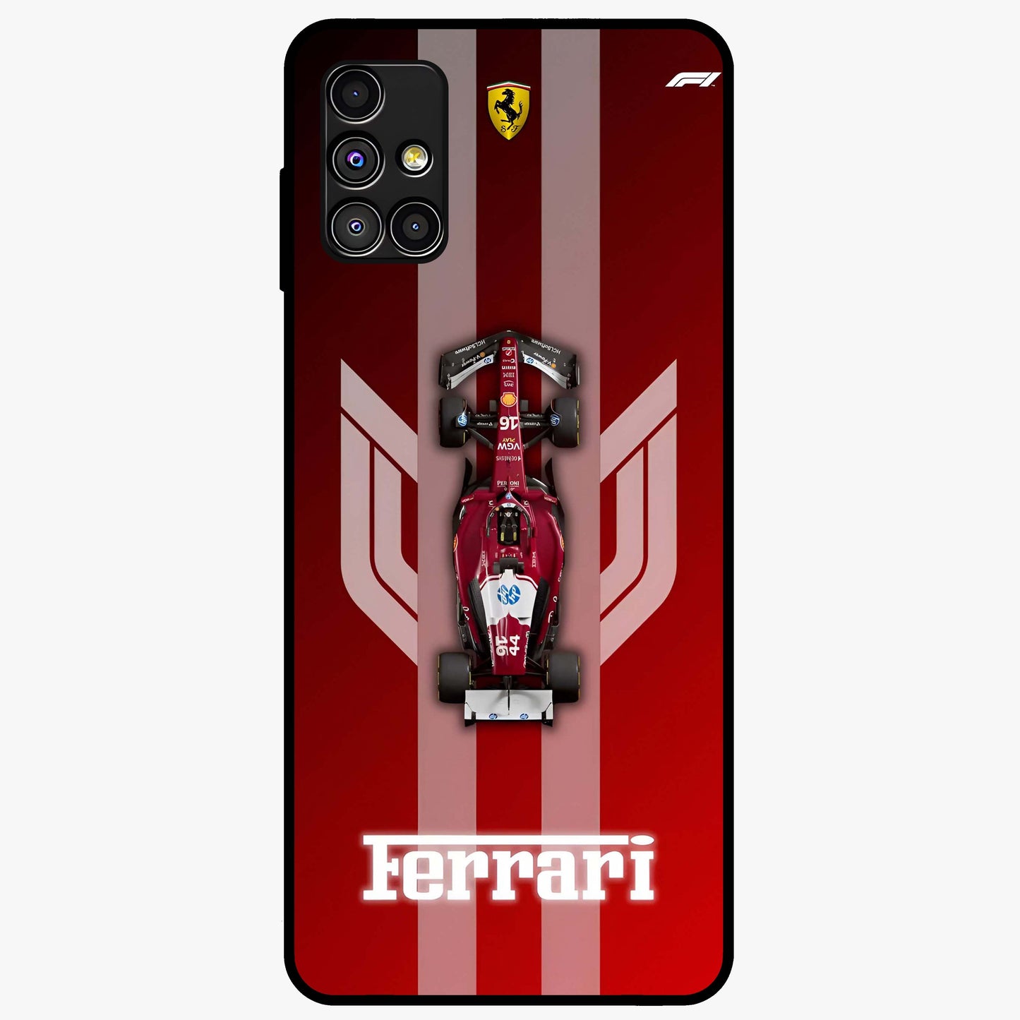 Red Ferrari F1 Vertical Glass Case showing flat back view with sleek Formula racing car artwork and glossy glass finish.