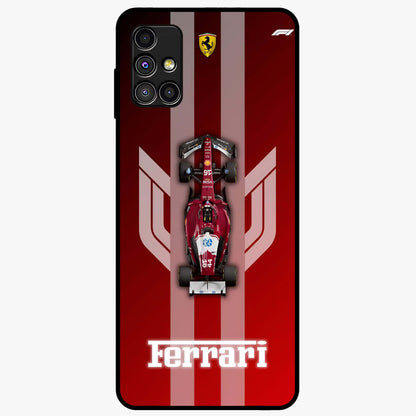 Red Ferrari F1 Vertical Glass Case showing flat back view with sleek Formula racing car artwork and glossy glass finish.