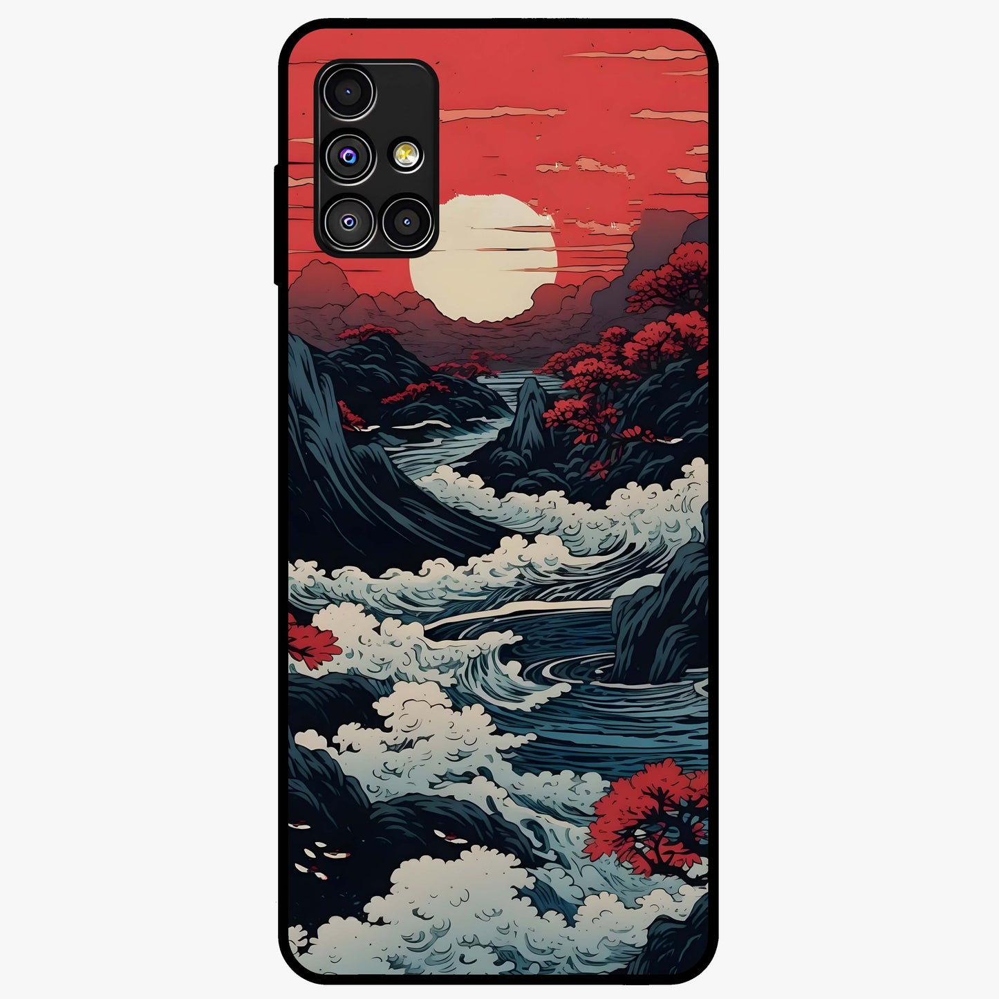 Red Sunset Scenery Glass Case showing flat back view with vibrant sunset landscape artwork and glossy glass finish.