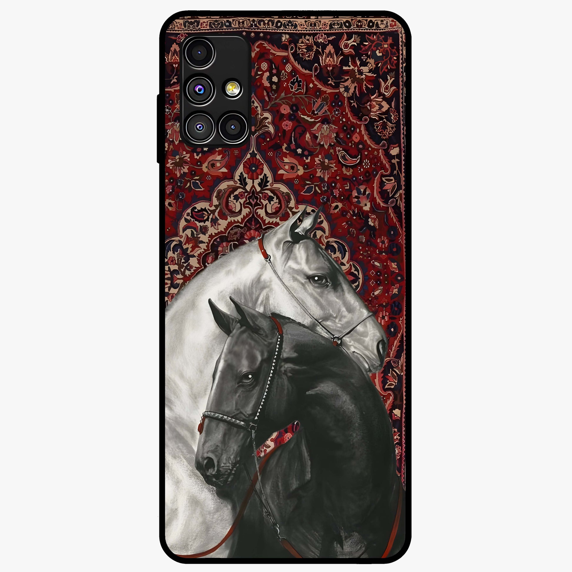 Regal Stallion Tapestry Glass Case showing flat back view with majestic horse tapestry artwork and glossy glass finish.