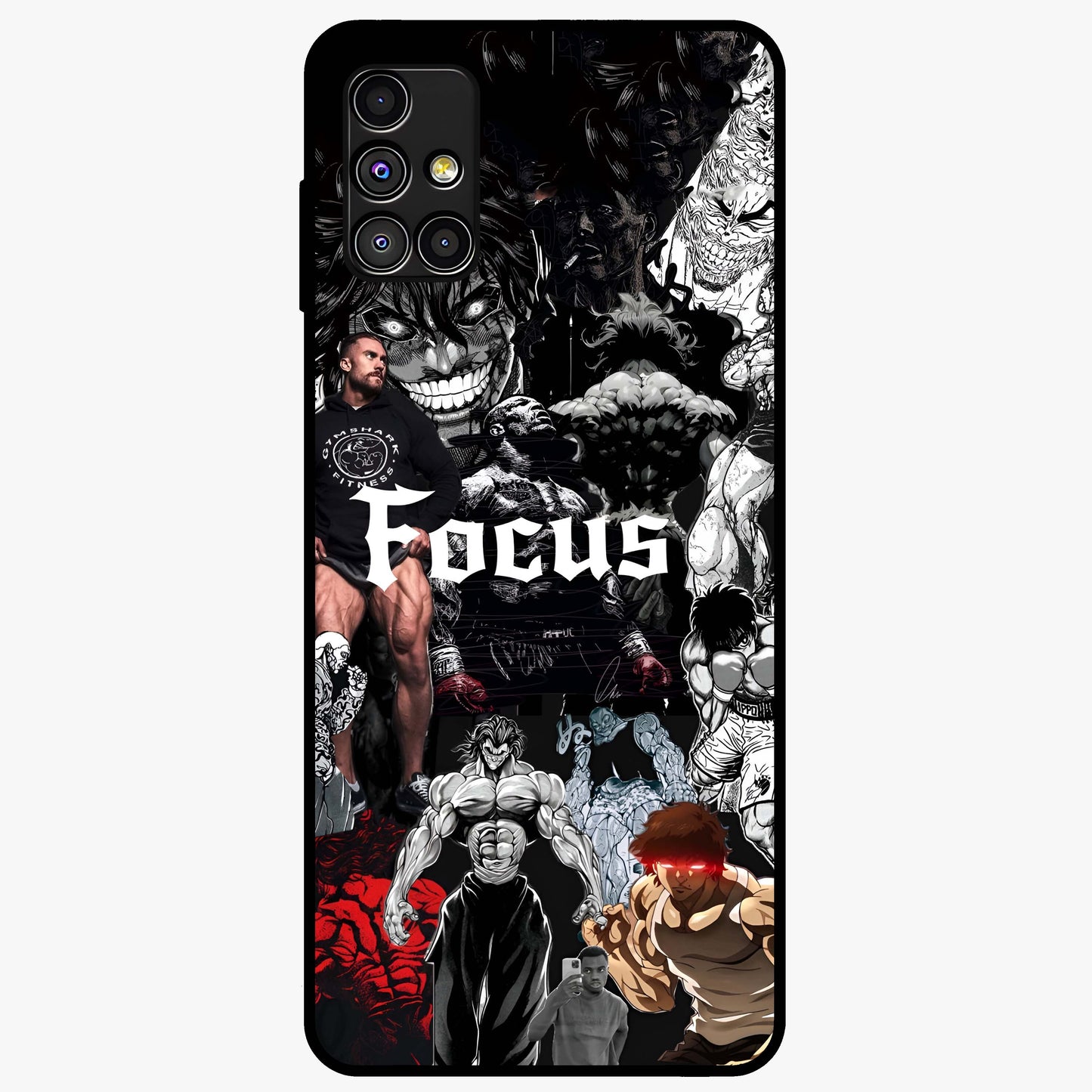 Relentless Power Focus Glass Case showing flat back view with motivational typography artwork and glossy glass finish.