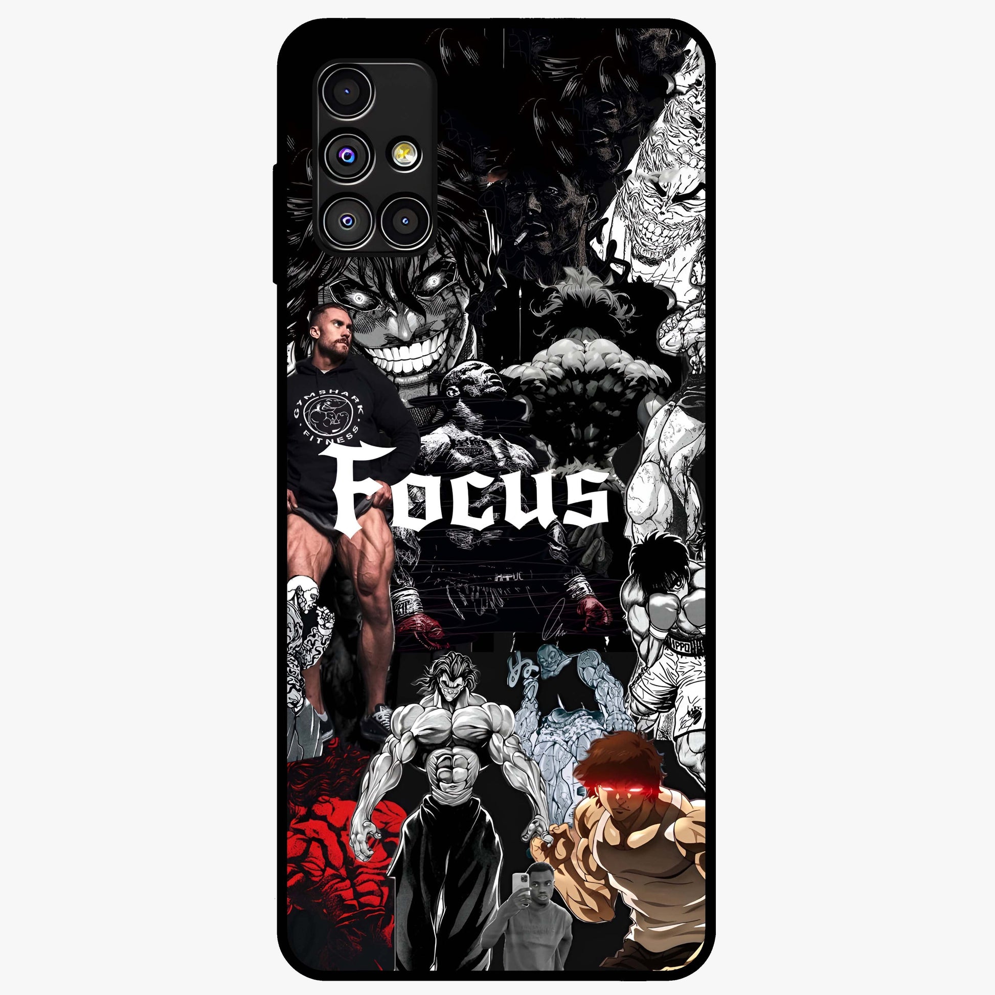 Relentless Power Focus Glass Case showing flat back view with motivational typography artwork and glossy glass finish.