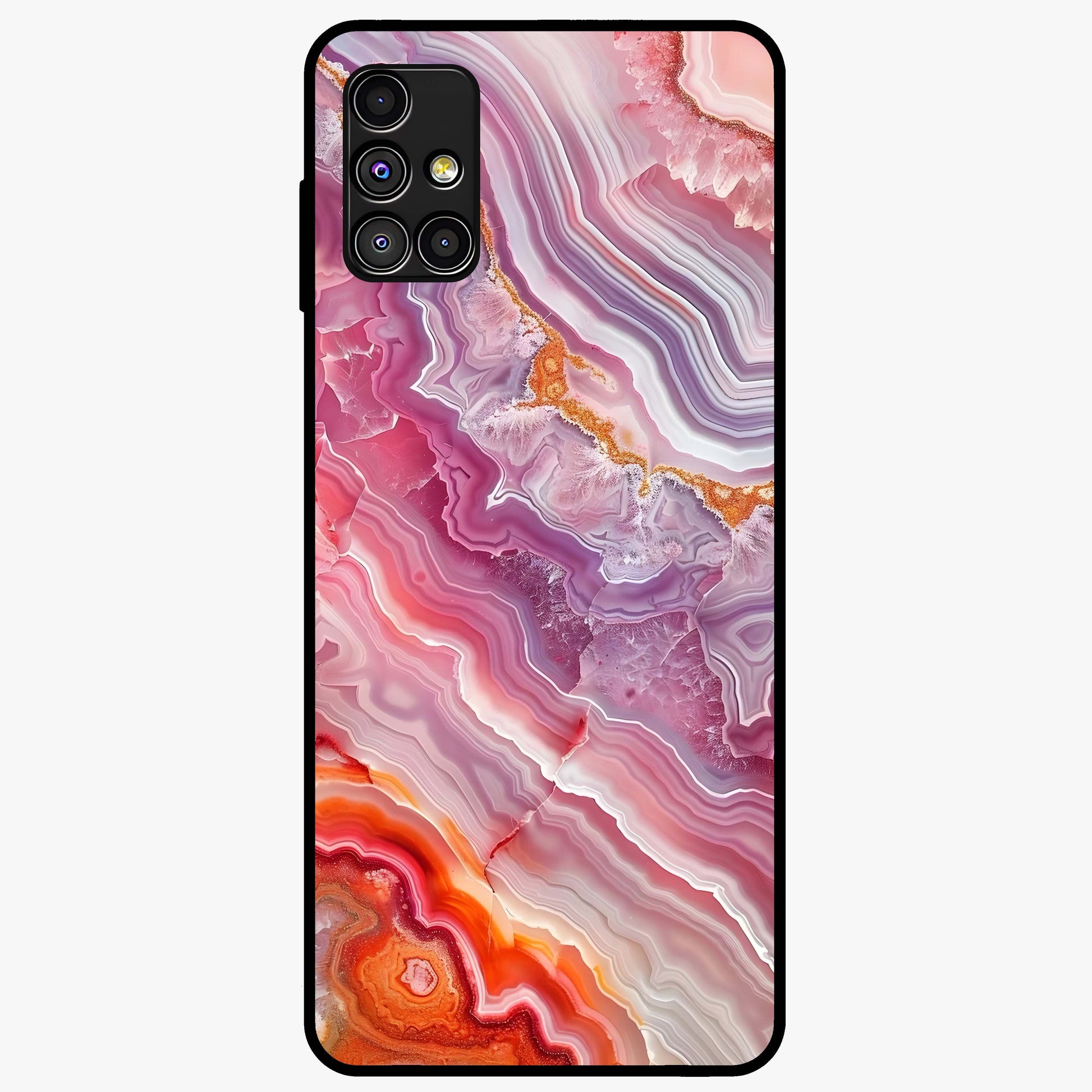 Rose Quartz Marble Glass Case showing flat back view with pink marble quartz texture artwork and glossy glass finish.