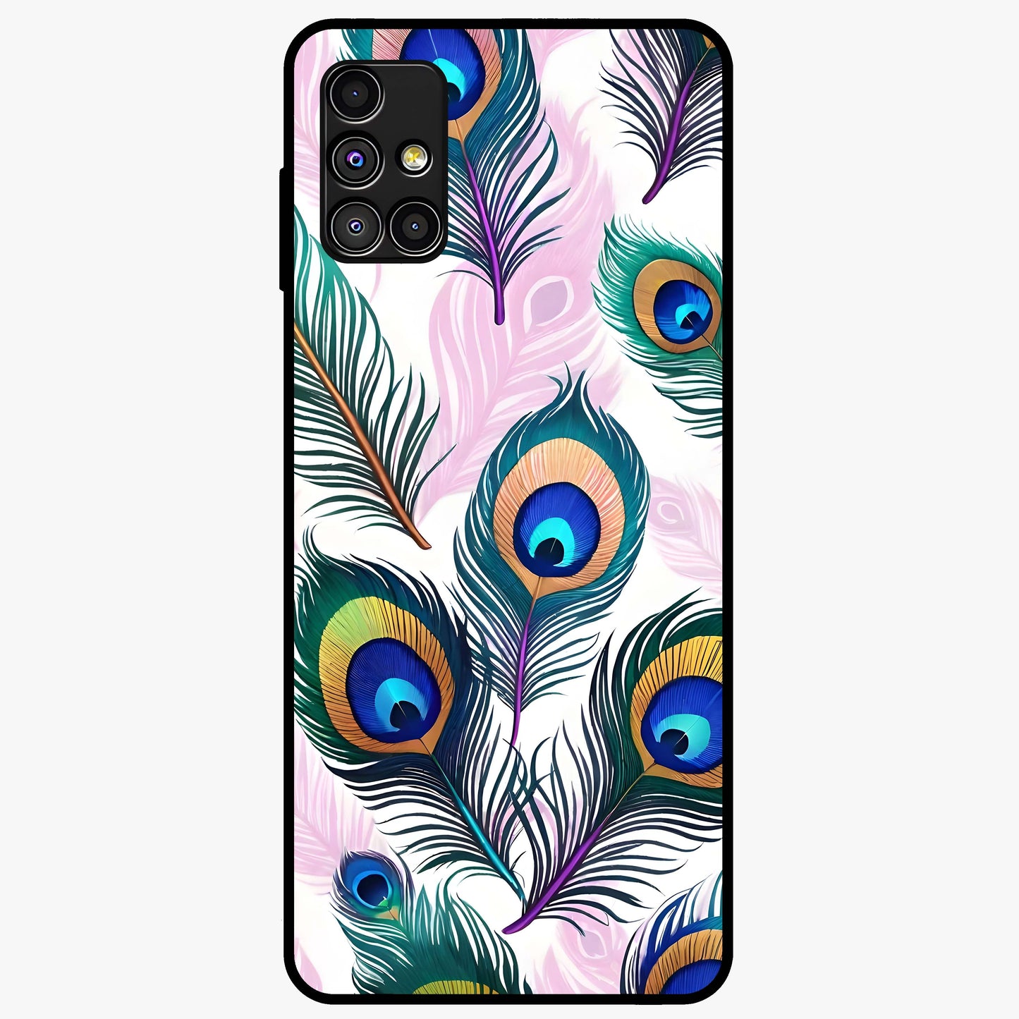 Royal Peacock Feathers Glass Case showing flat back view with colorful peacock feather artwork and glossy glass finish.