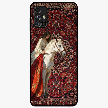 Royal Rider Tapestry Glass Case showing flat back view with majestic horse rider tapestry artwork and glossy glass finish.