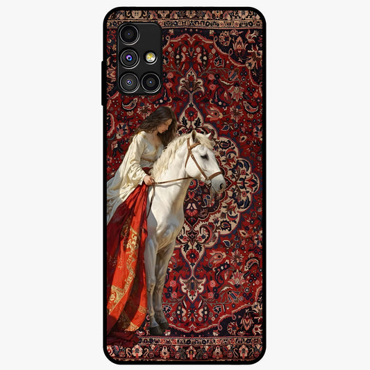 Royal Rider Tapestry Glass Case showing flat back view with majestic horse rider tapestry artwork and glossy glass finish.