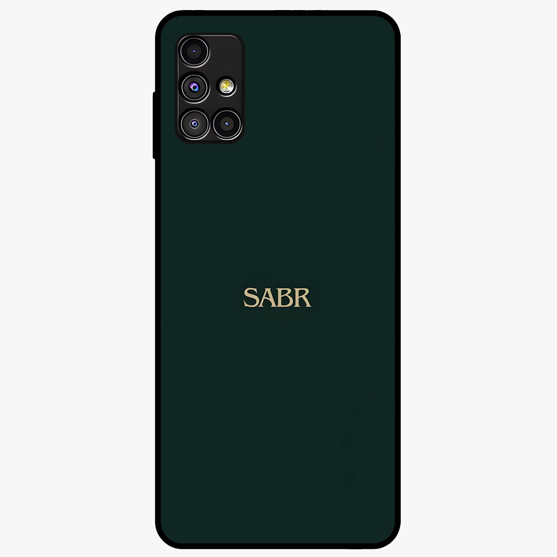 Sabr Minimal Patience Glass Case showing flat back view with minimalist typography artwork and glossy glass finish.