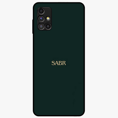 Sabr Minimal Patience Glass Case showing flat back view with minimalist typography artwork and glossy glass finish.