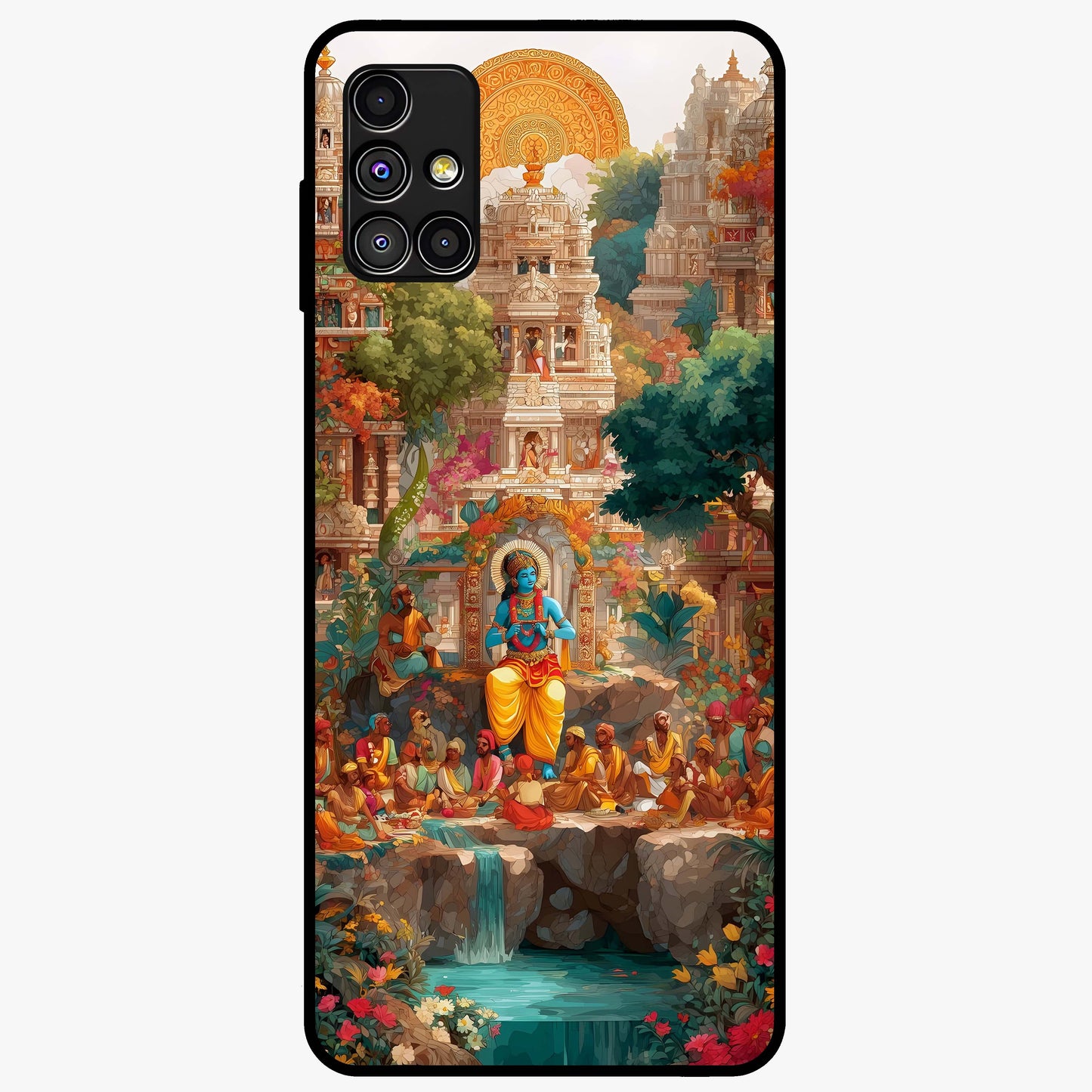 Sacred Sunlight Gods Glass Case showing flat back view with divine sunlight themed artwork and glossy glass finish.