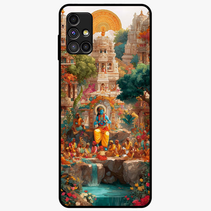 Sacred Sunlight Gods Glass Case showing flat back view with divine sunlight themed artwork and glossy glass finish.