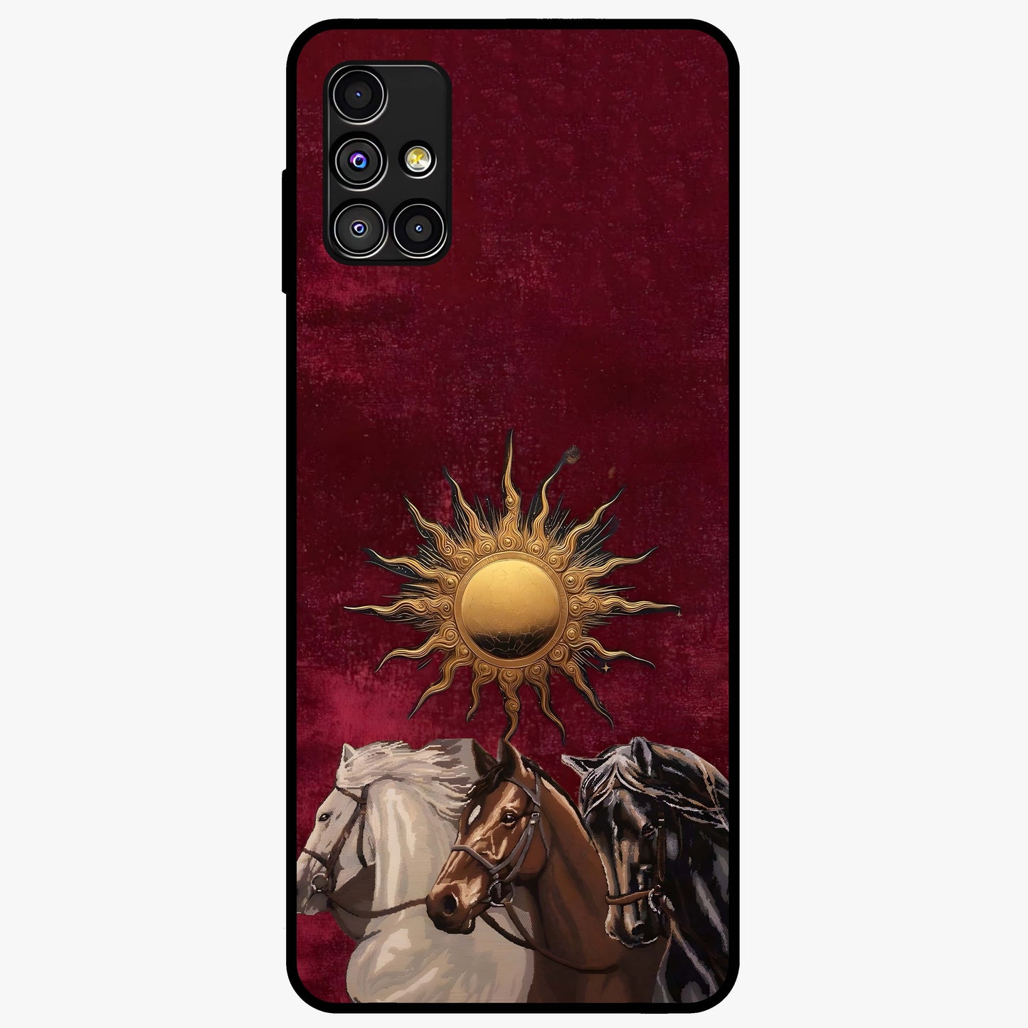 Solar Riders Glass Case showing flat back view with dynamic rider themed artwork and glossy glass finish.