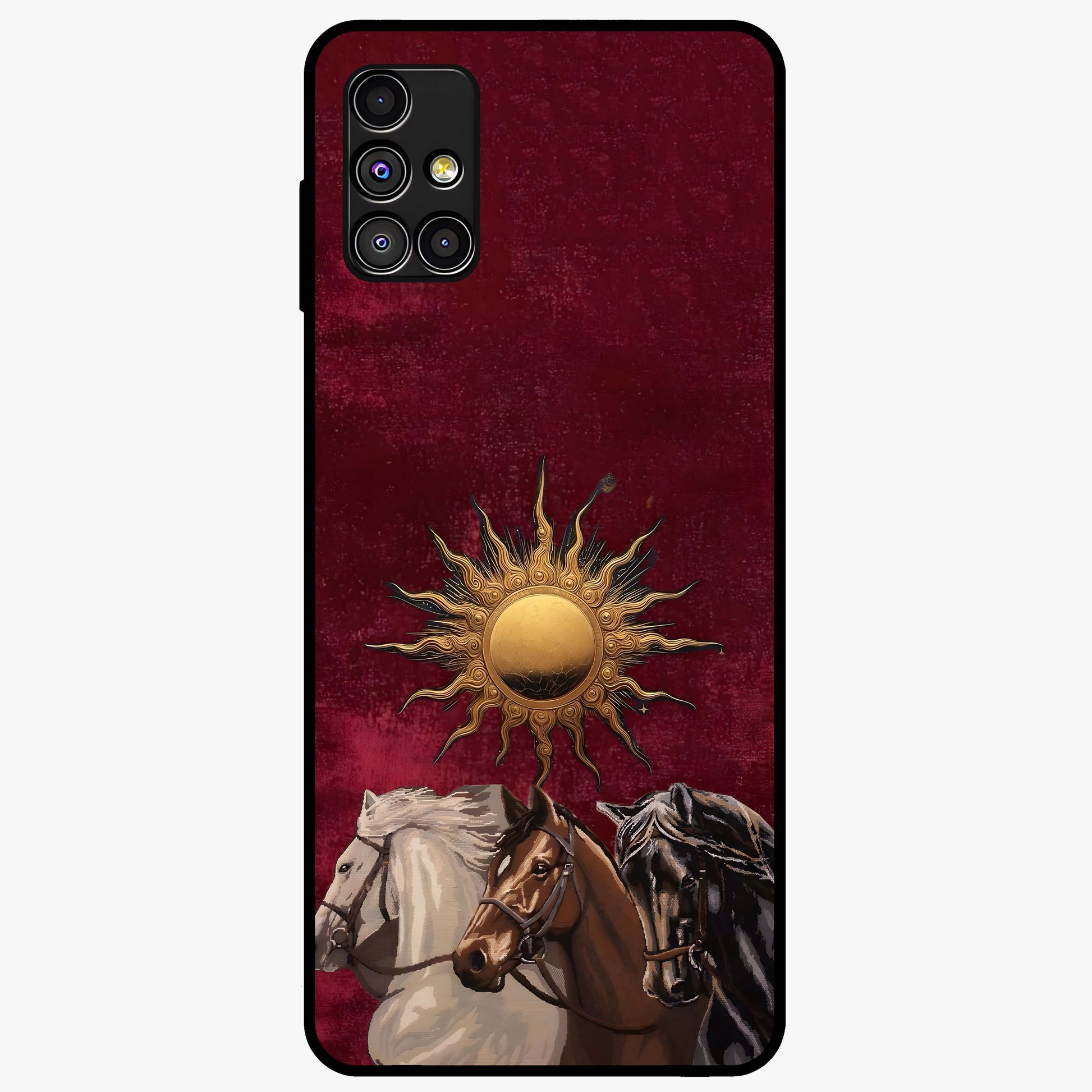 Solar Riders Glass Case showing flat back view with dynamic rider themed artwork and glossy glass finish.