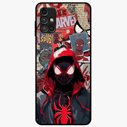 Spider Collage Street Glass Case showing flat back view with vibrant superhero collage artwork and glossy glass finish.