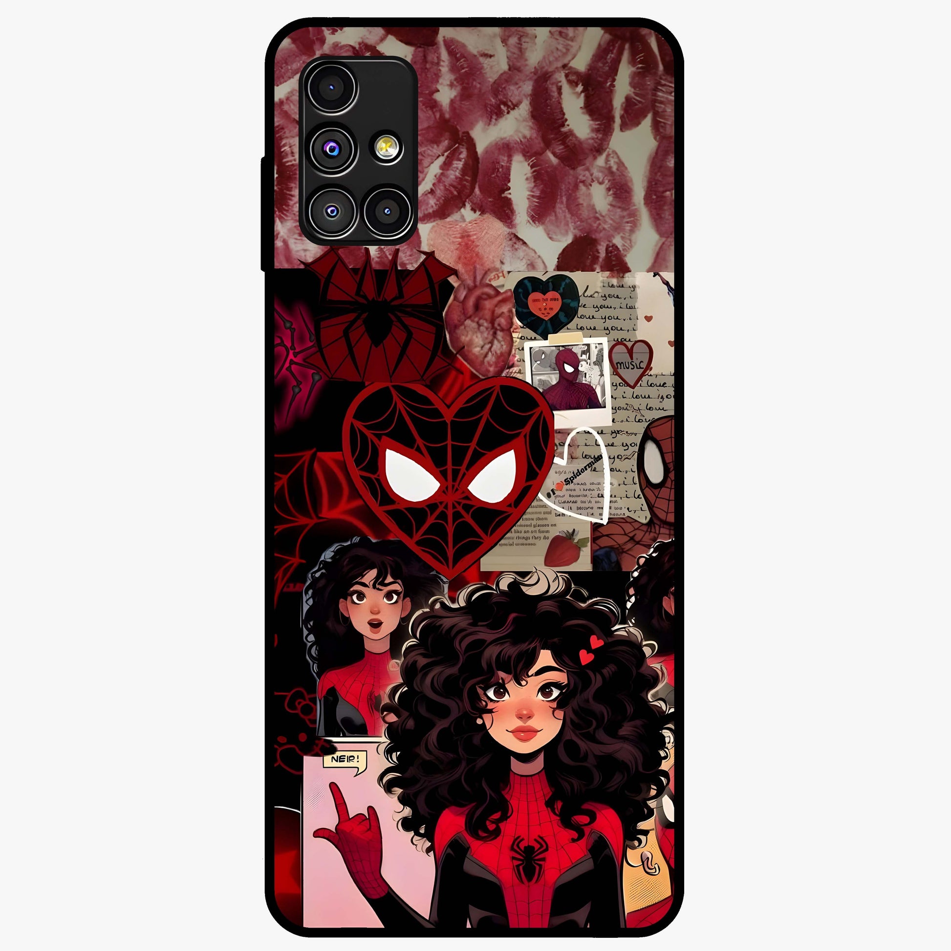Spider Love Story Glass Case showing flat back view with romantic superhero themed artwork and glossy glass finish.