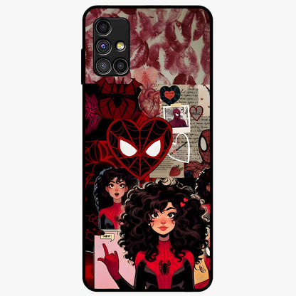 Spider Love Story Glass Case showing flat back view with romantic superhero themed artwork and glossy glass finish.