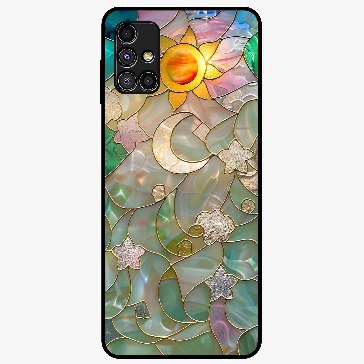 Stained Sunrise Glow Glass Case showing flat back view with glowing sunrise stained pattern artwork and glossy glass finish.