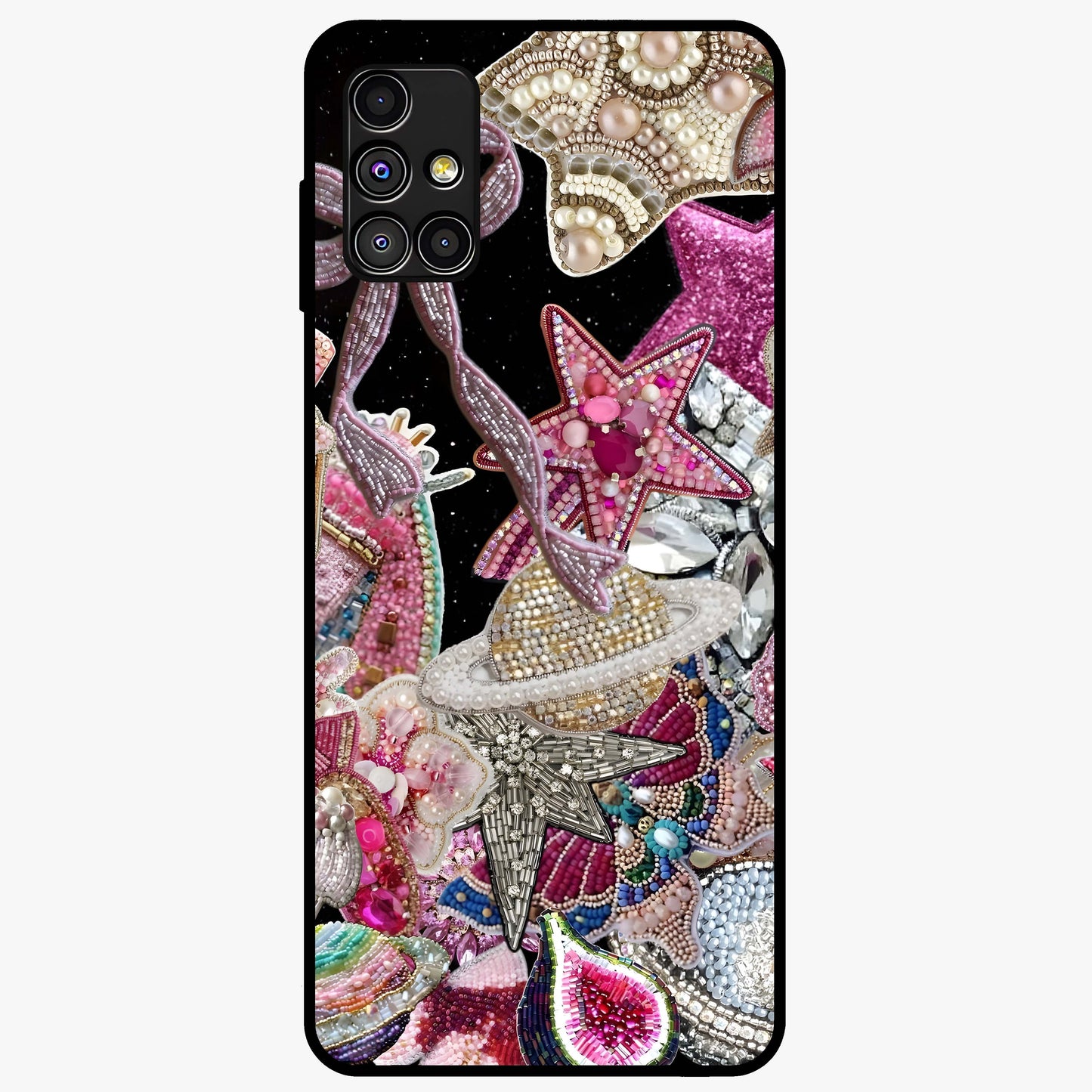 Starlit Jewel Dream Glass Case showing flat back view with sparkling jewel and star themed artwork and glossy glass finish.