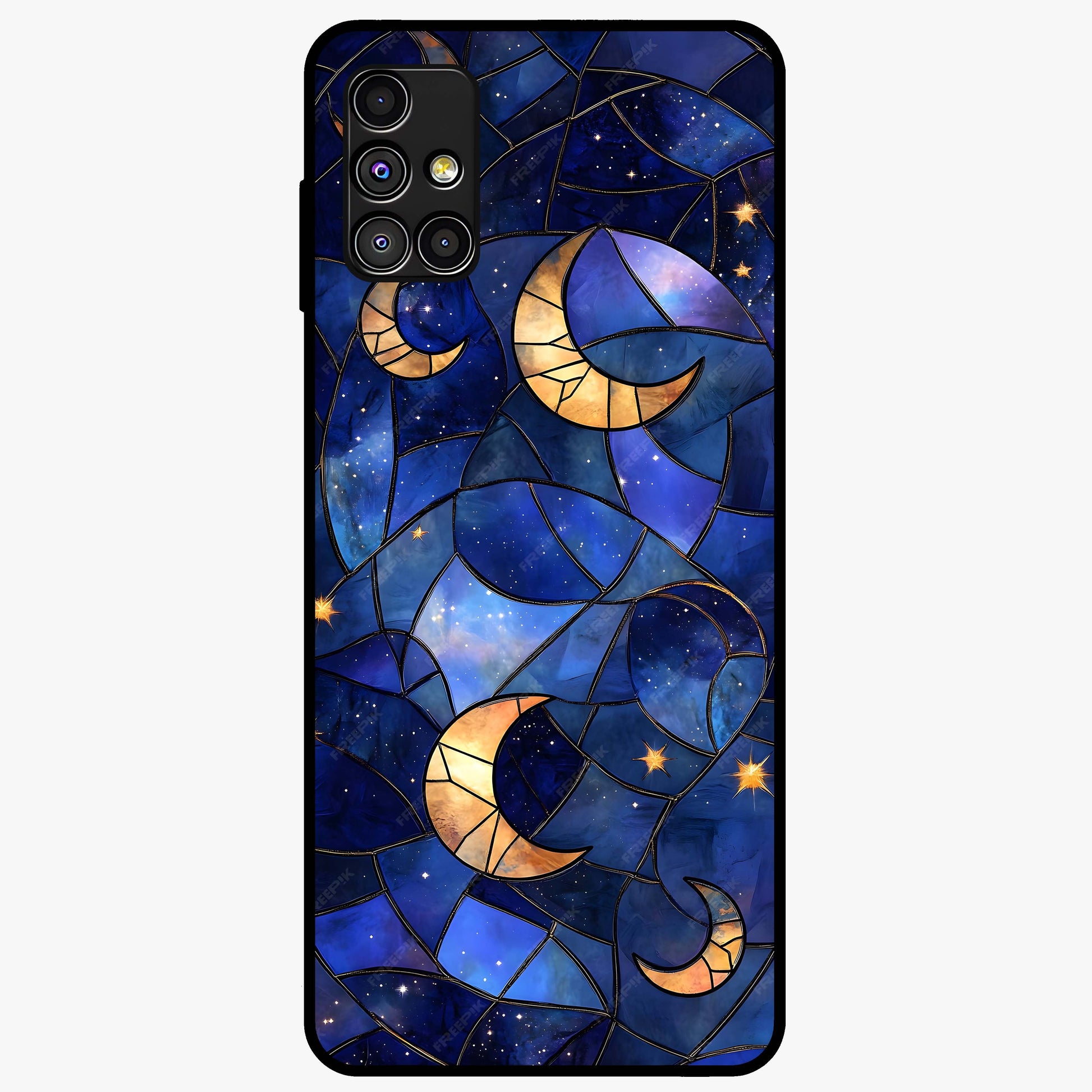 Starlit Sky Tapestry Glass Case showing flat back view with decorative starry sky tapestry artwork and glossy glass finish.