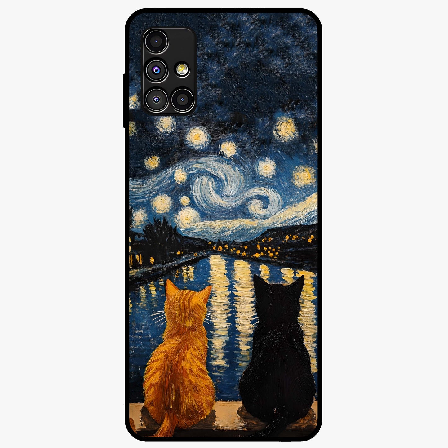 Starry River Cats Glass Case showing flat back view with cats by a starry river artwork and glossy glass finish.
