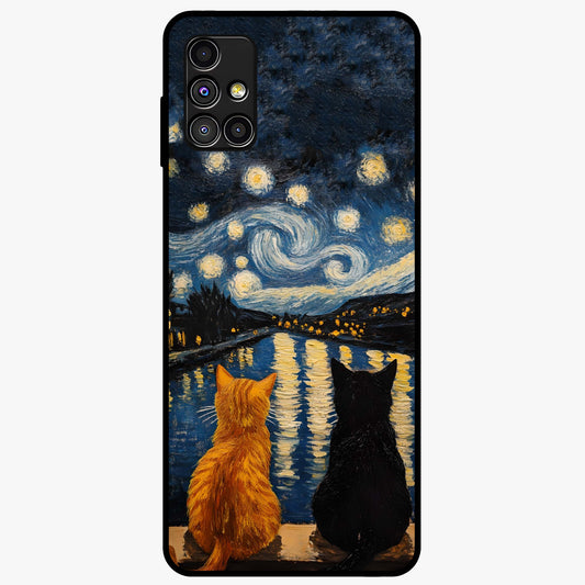 Starry River Cats Glass Case showing flat back view with cats by a starry river artwork and glossy glass finish.
