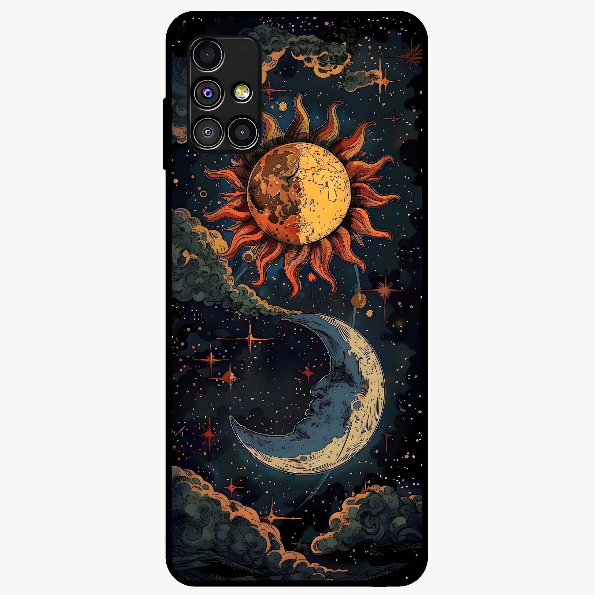 Sun And Moon Magic Design Glass Case showing flat back view with mystical sun and moon artwork and glossy glass finish.