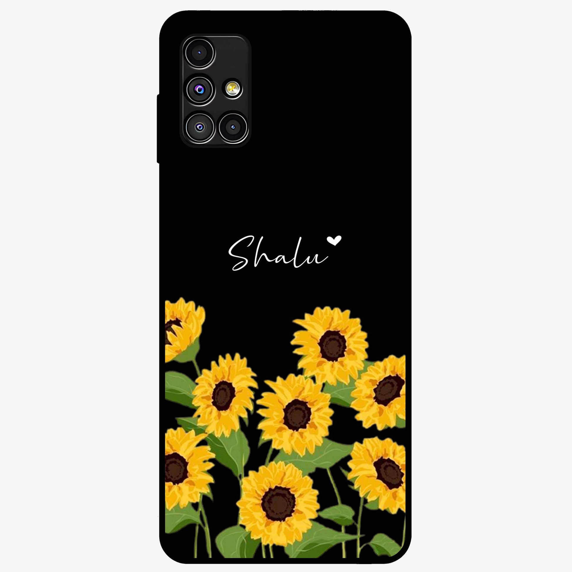 Sunflower Chic Mood Custom Name Glass Case showing flat back view with stylish sunflower artwork and personalized name design.
