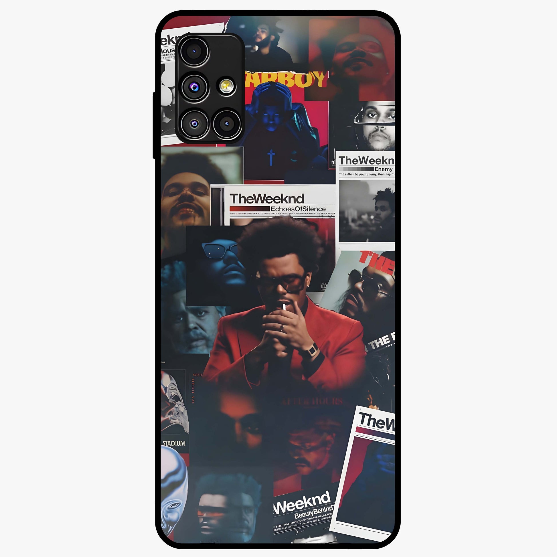The Weeknd Glass Case showing flat back view with music inspired artistic portrait artwork and glossy glass finish.
