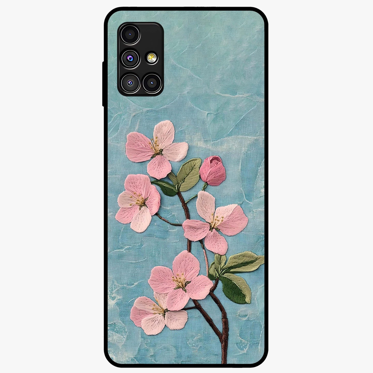 Threaded Blossom Breeze Glass Case showing flat back view with delicate blossom artwork and glossy glass finish.