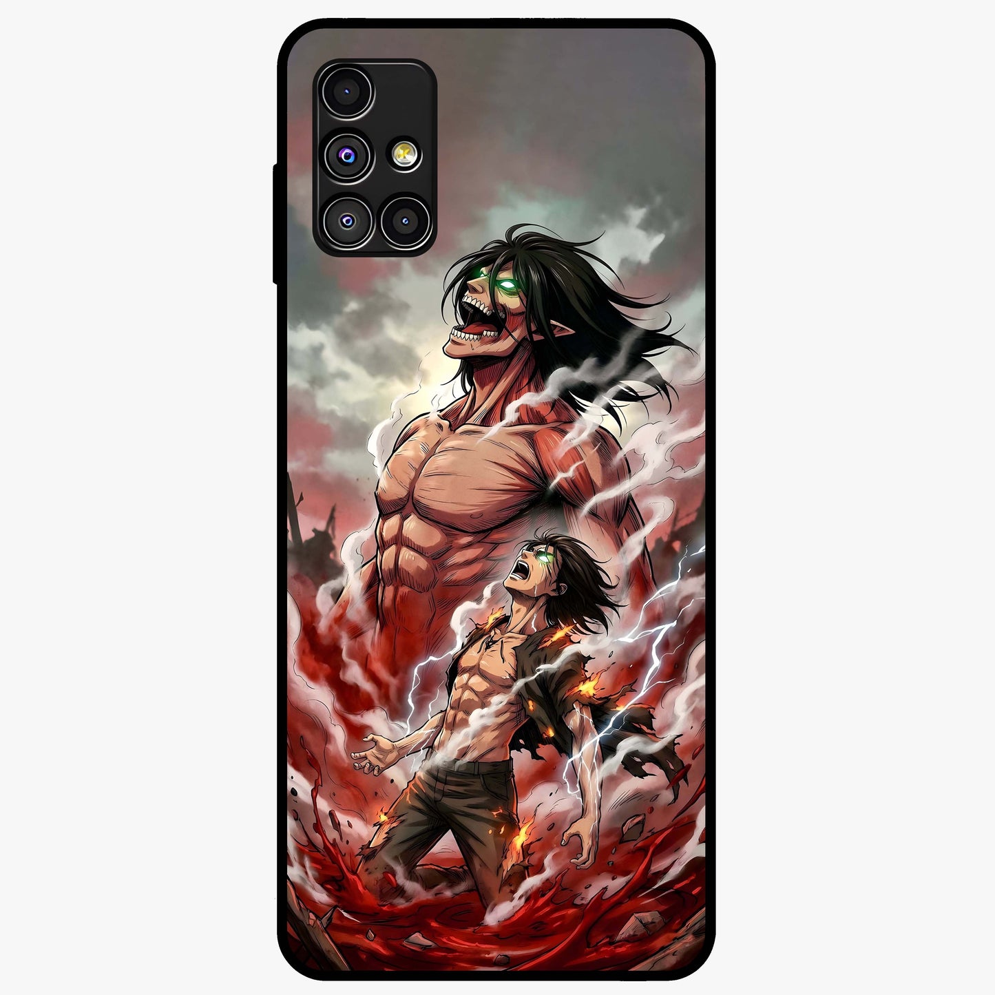 Titan Awakening Fury Glass Case showing flat back view with powerful titan inspired artwork and glossy glass finish.