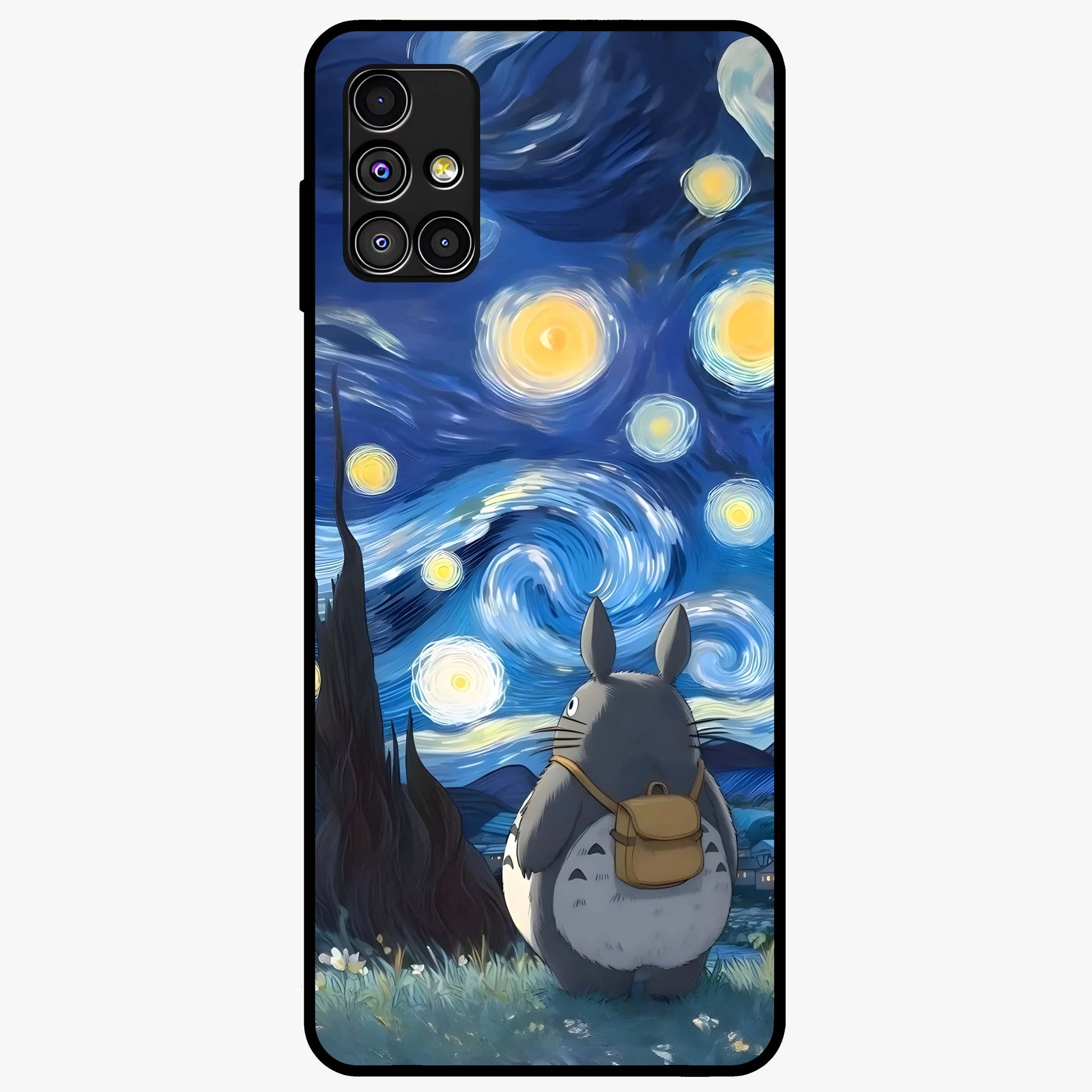 Totoro In Van Gogh Art Glass Case showing flat back view with whimsical character artwork inspired by Van Gogh style and glossy glass finish.