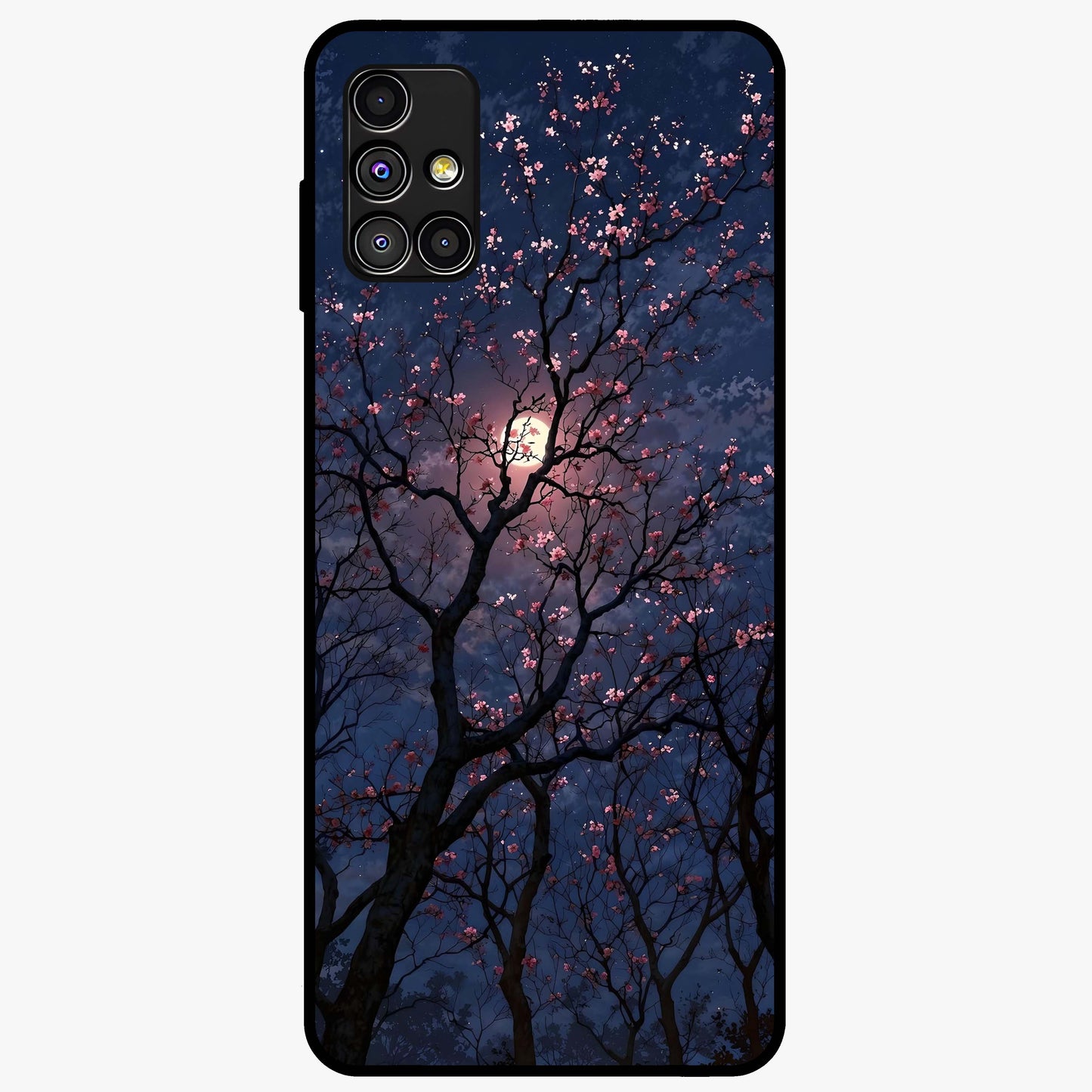 Twilight Sakura Serenade Glass Case showing flat back view with cherry blossom artwork at twilight and glossy glass finish.
