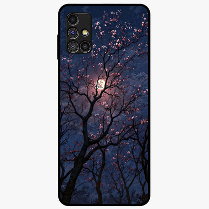 Twilight Sakura Serenade Glass Case showing flat back view with cherry blossom artwork at twilight and glossy glass finish.