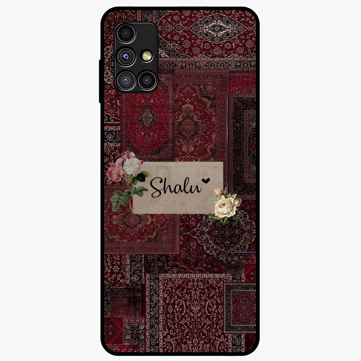 Velvet Wine Pattern Custom Name Glass Case showing flat back view with elegant wine colored pattern artwork and personalized name design.