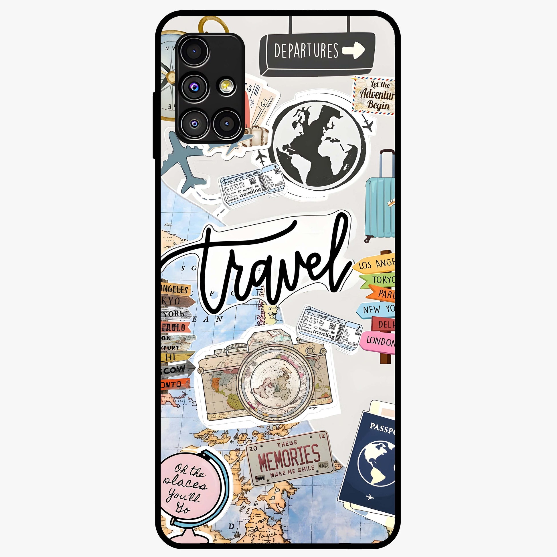 Wanderlust Journal Glass Case showing flat back view with travel inspired artwork and glossy glass finish.