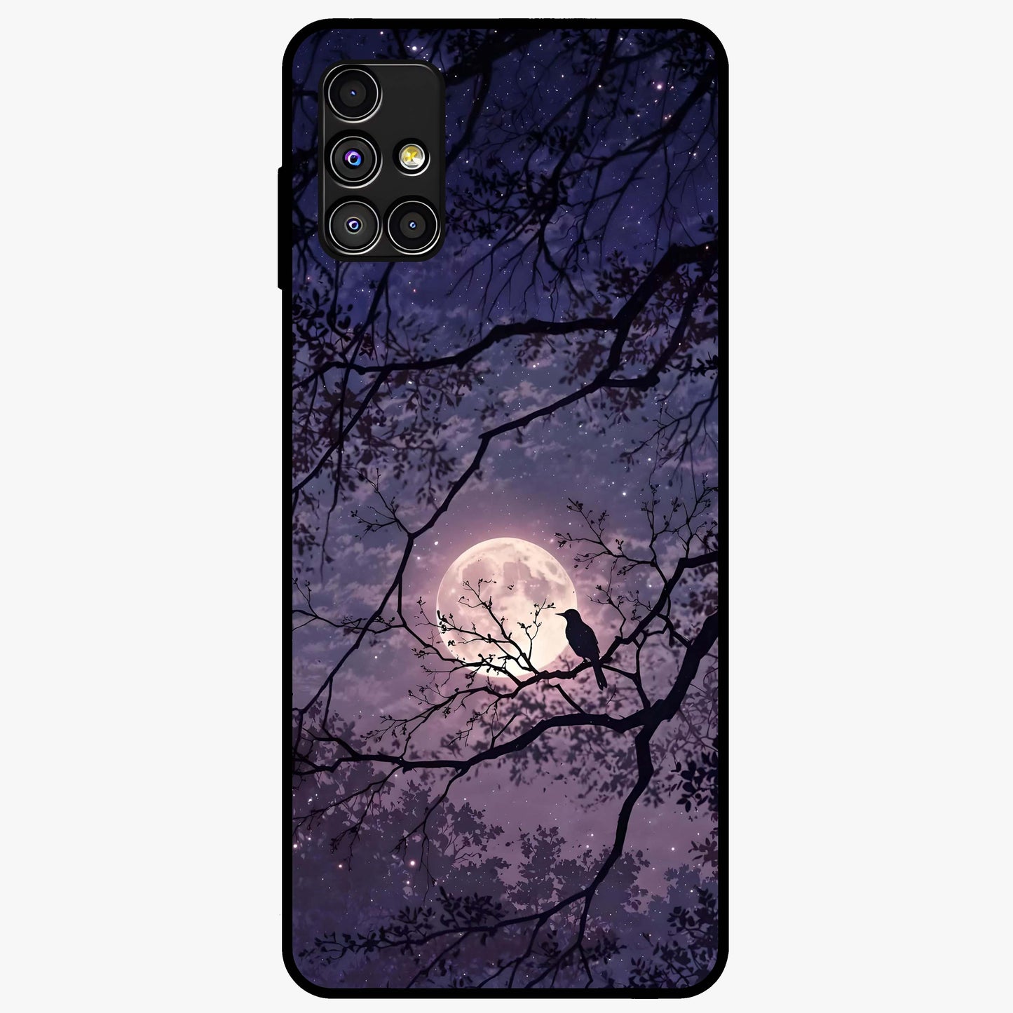 Whispering Moon Silence Glass Case showing flat back view with serene moon themed artwork and glossy glass finish.