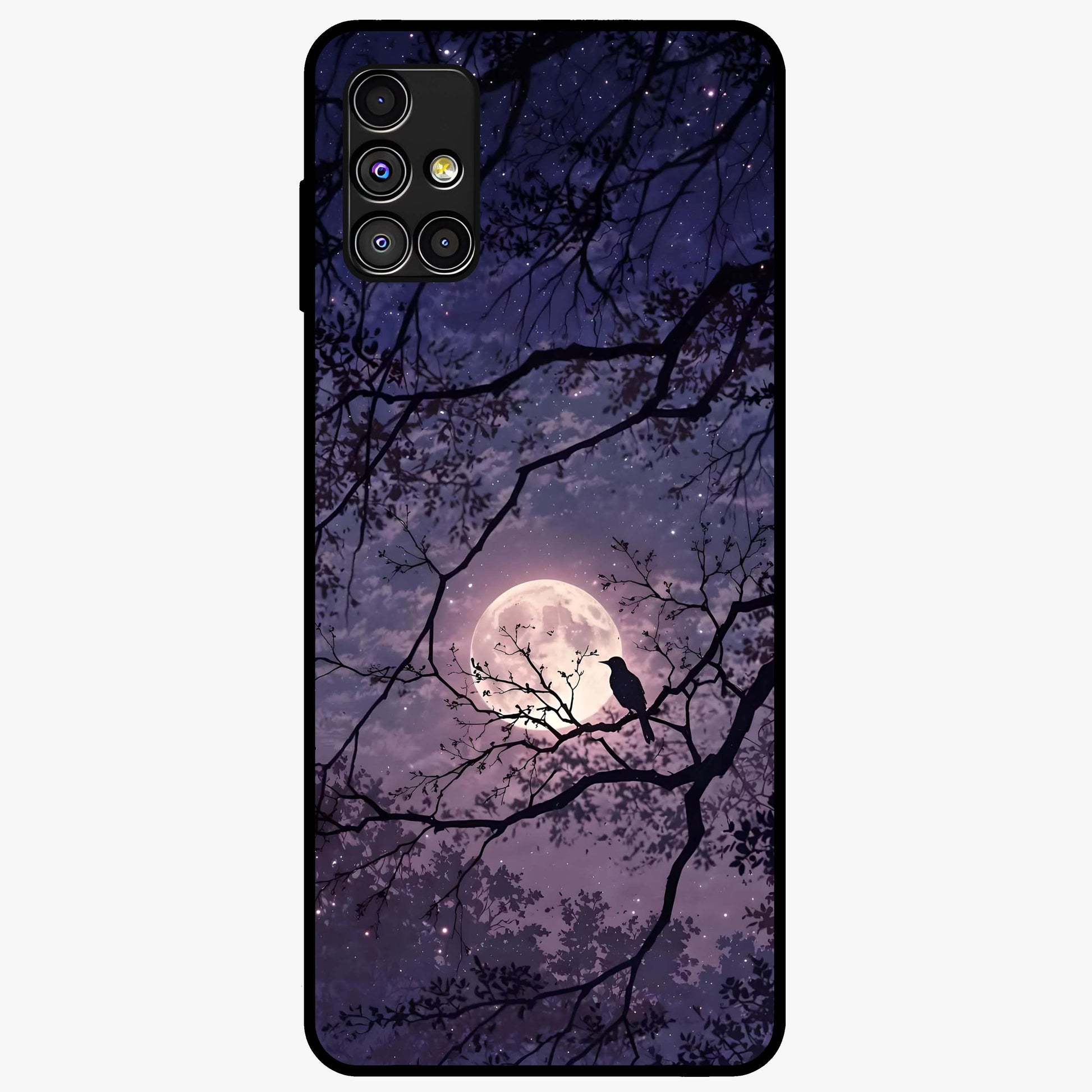 Whispering Moon Silence Glass Case showing flat back view with serene moon themed artwork and glossy glass finish.